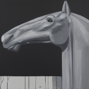 oil painting of grey horse head on black background.