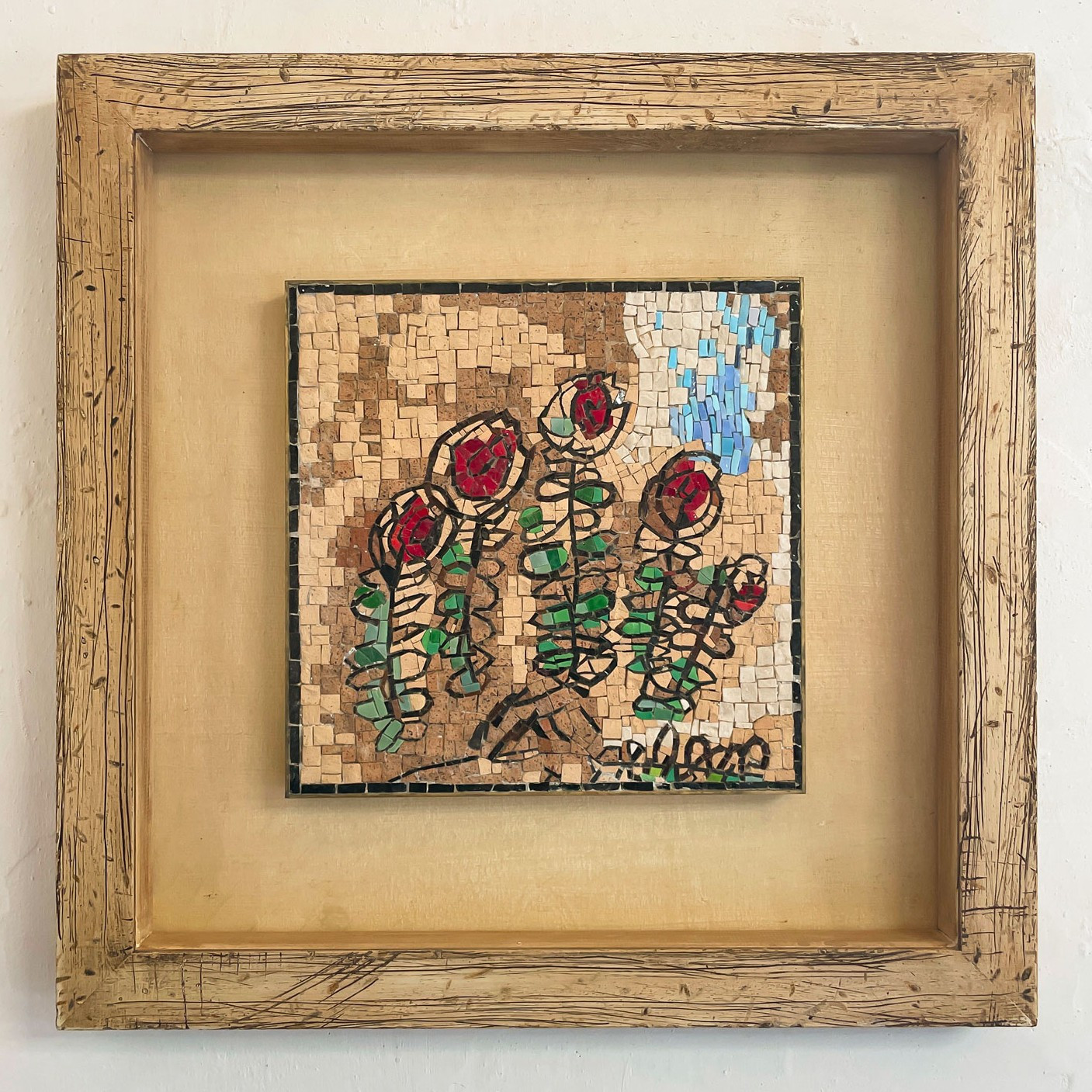Wooden framed mosaic artwork of red flowers