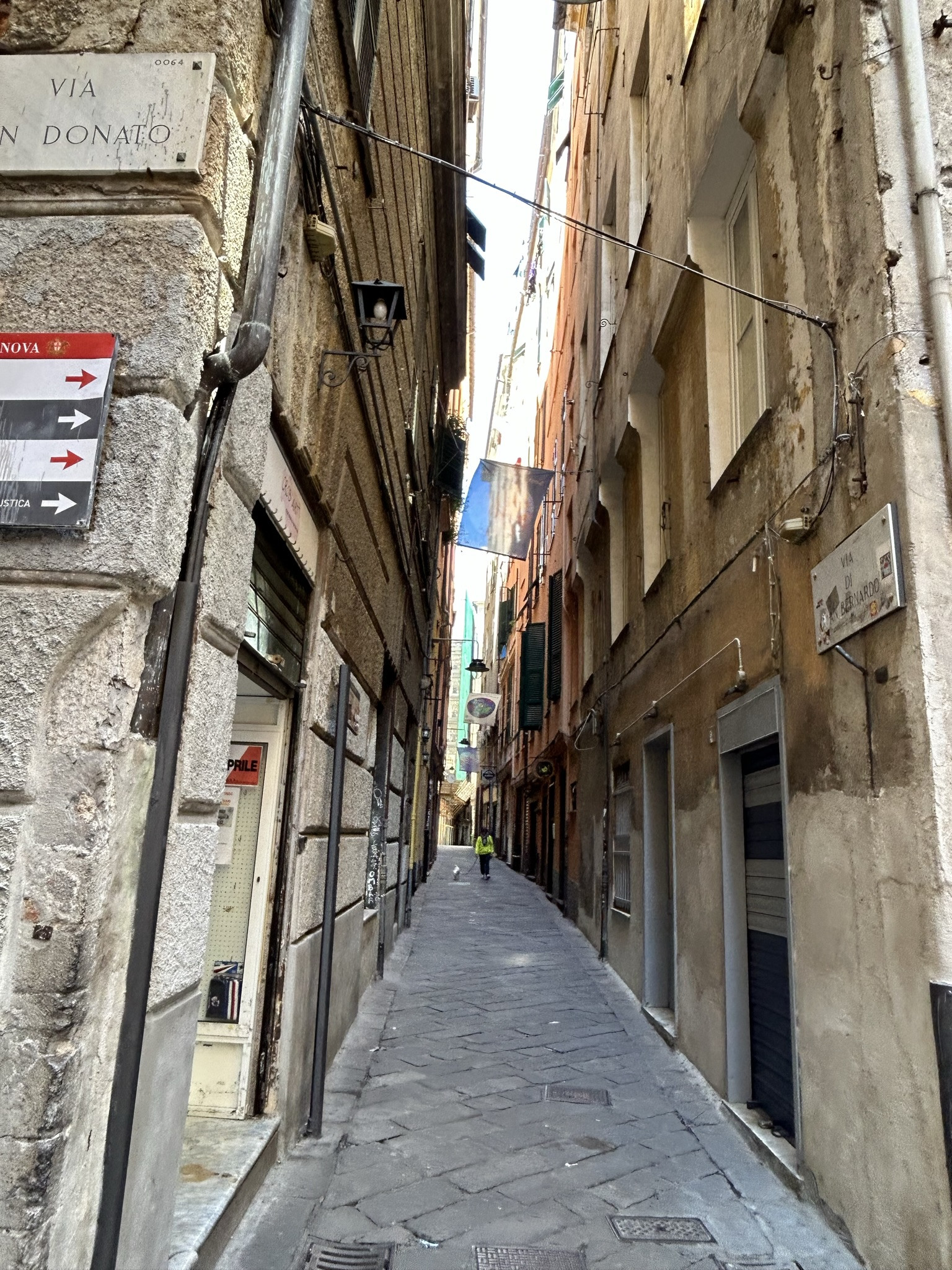 a narrow street in Genoa with a single person walking a dog