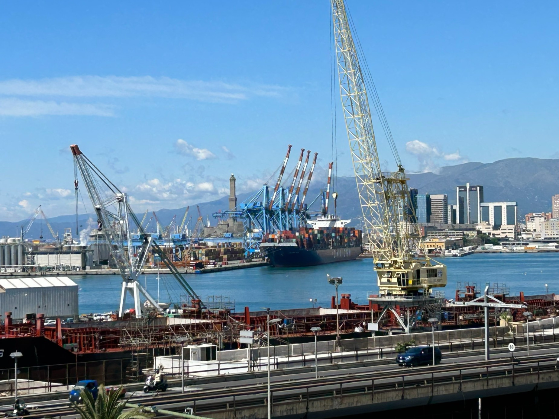wide view of the port of Genoa with ships and cranes