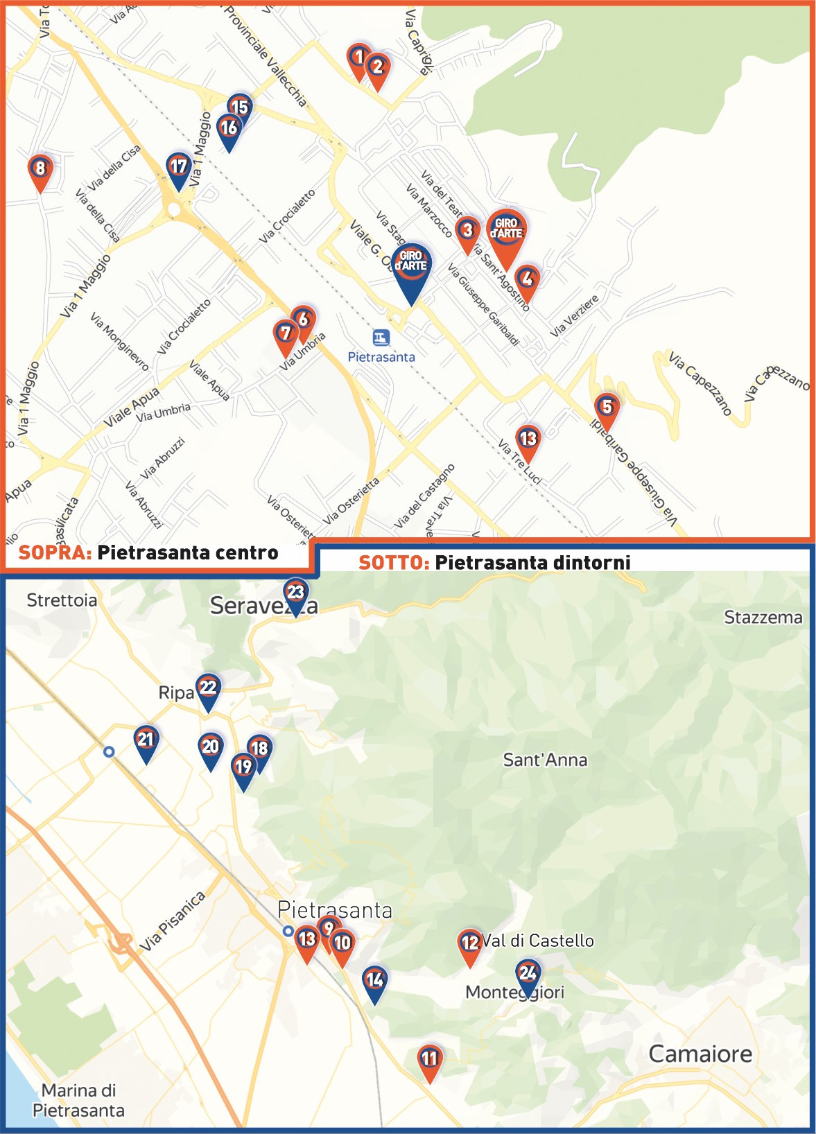 Graphic map with pin locations of Giro d'Arte