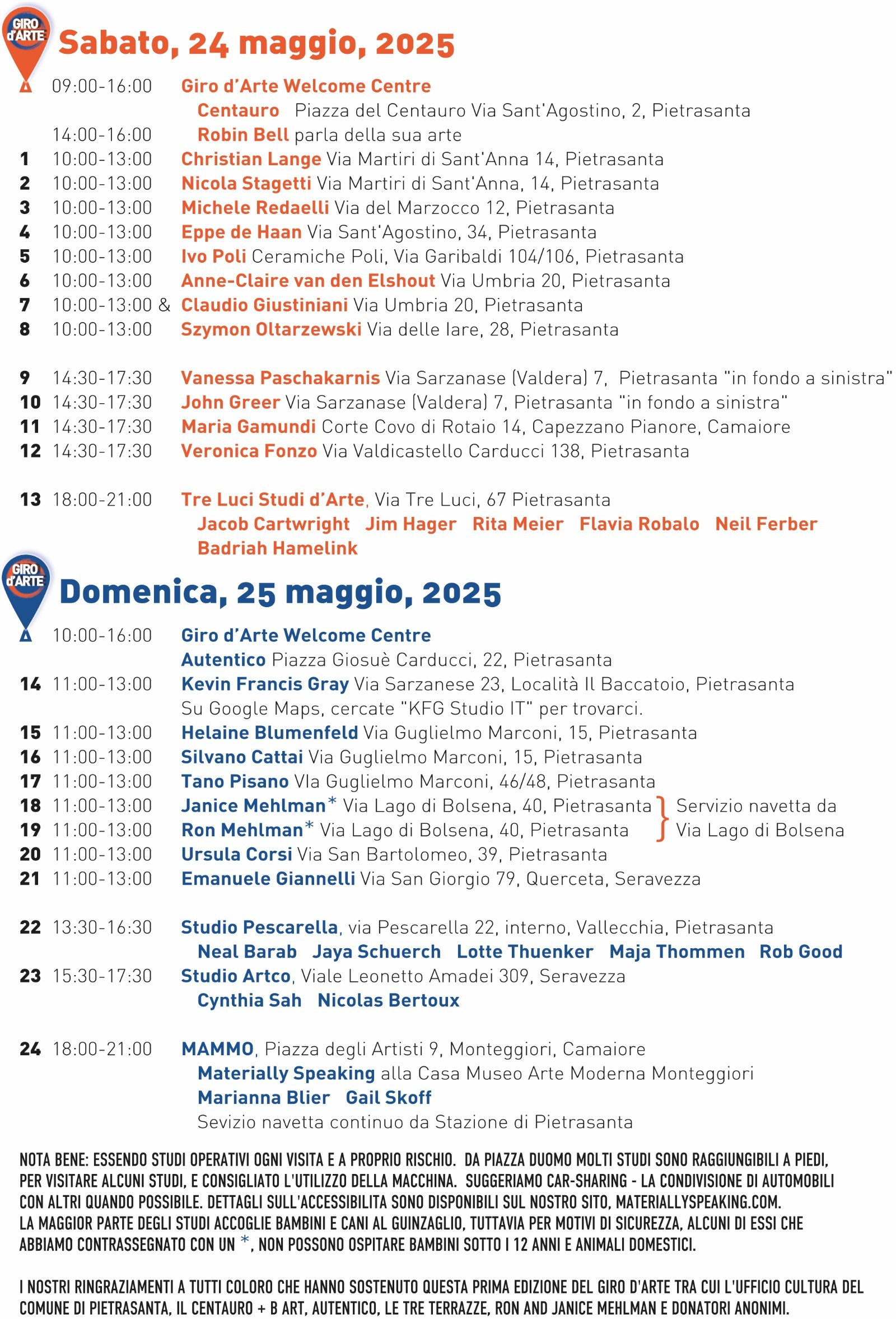 Legend for map of Giro d'Arte of Saturday & Sunday