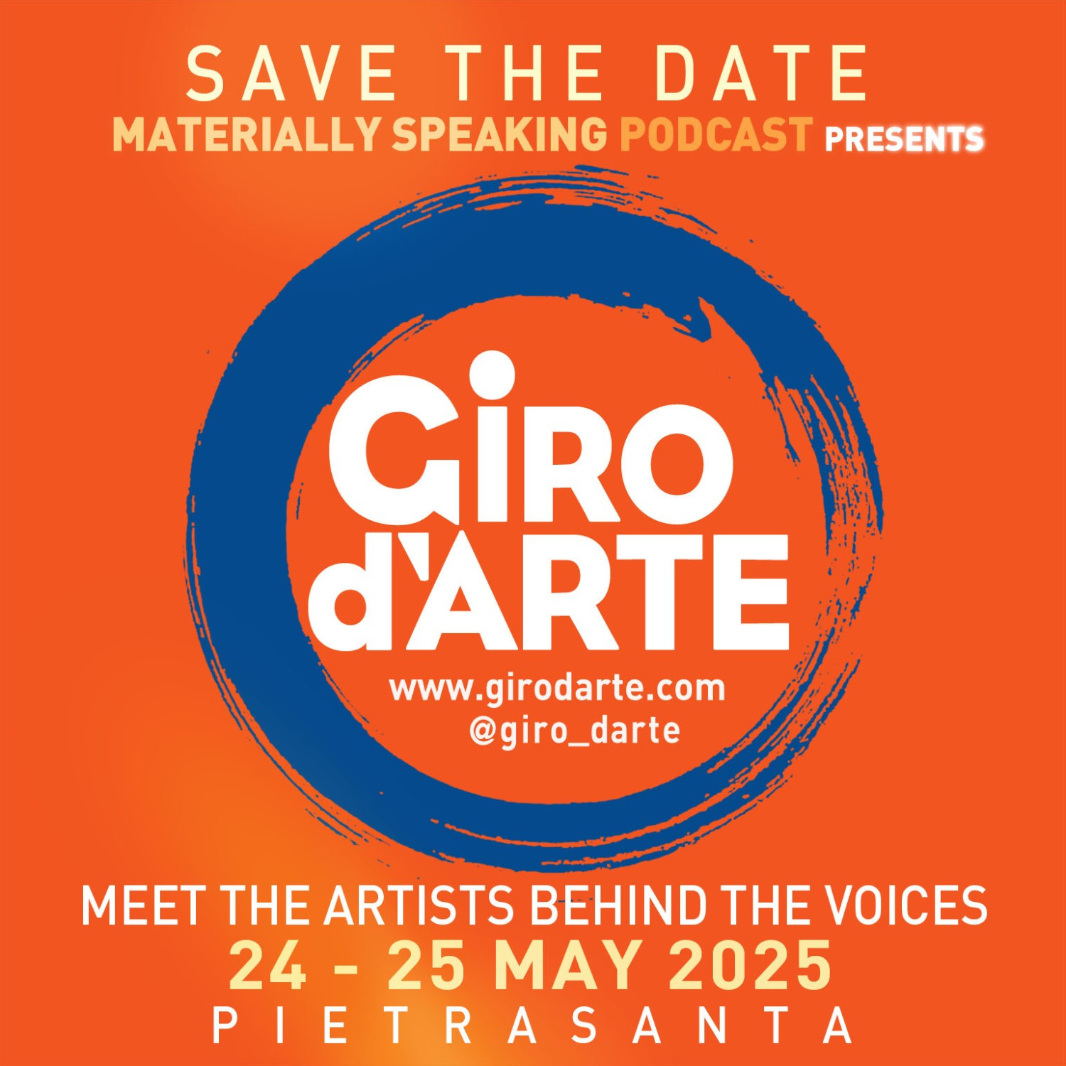 Graphic poster for Giro d'Arte 24-25 May 2025 presented by Materially Speaking podcast