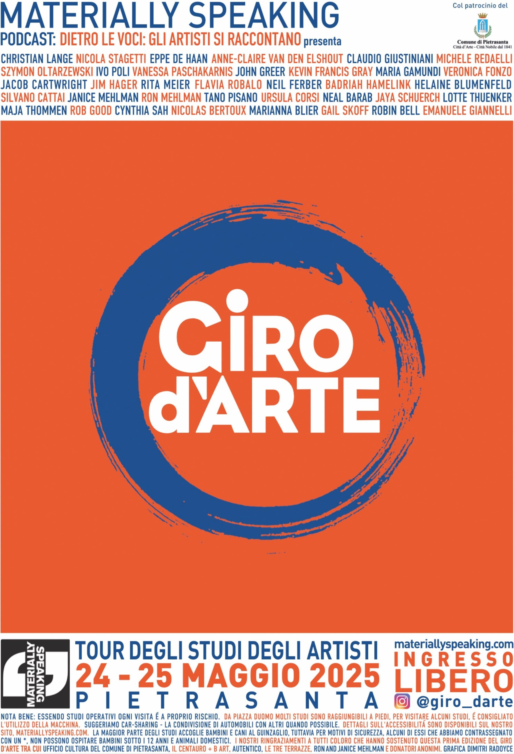 Graphic poster in Italian for Giro d'Arte May 2025 with list of artists