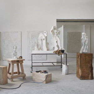 White abstract sculptures in a white room on wooden plinths.