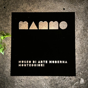 black square logo for a art studio called Mammo on a metallic background.