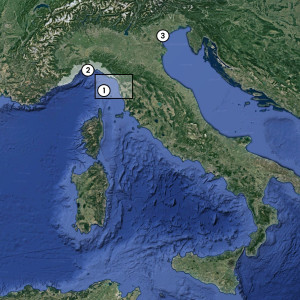 satellite map of Italy with a few locations numbered
