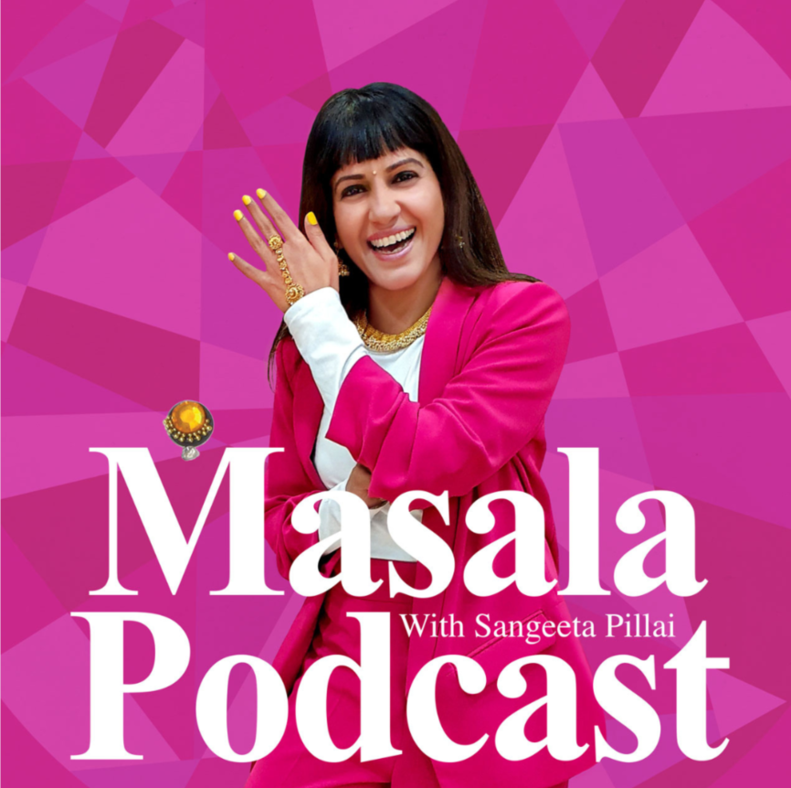 Masala podcast logo with host sangeeta pillai against a pink background