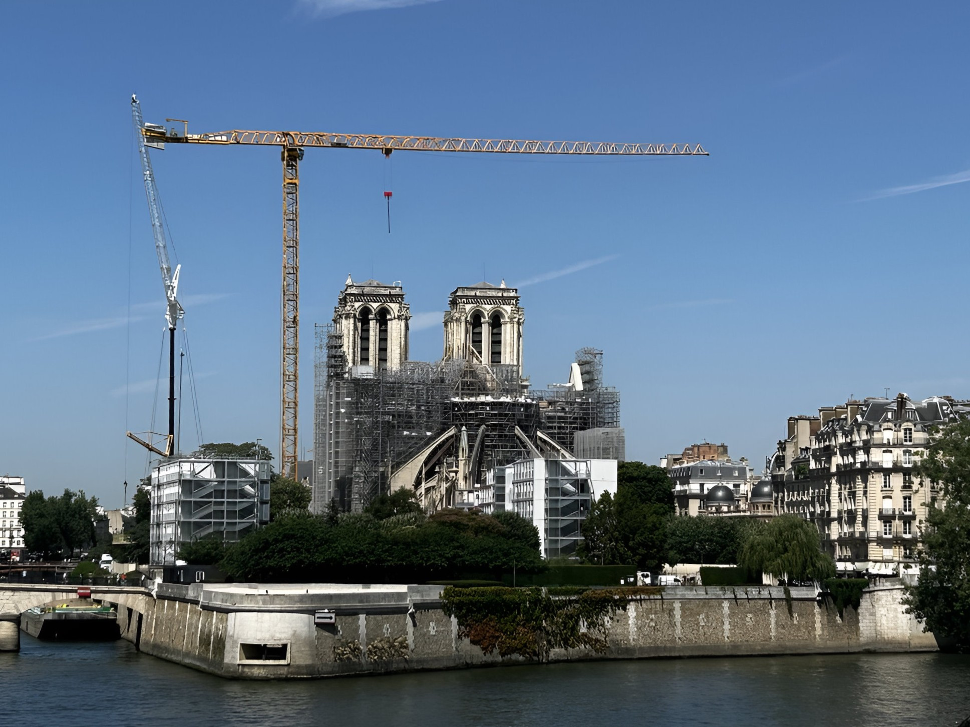 Notre Dame cathedral with scaffolding and crane