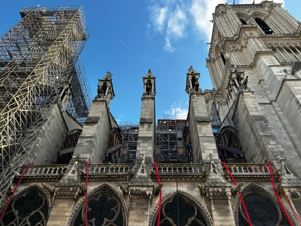 Notre Dame cathedral with fire damage and scaffolding
