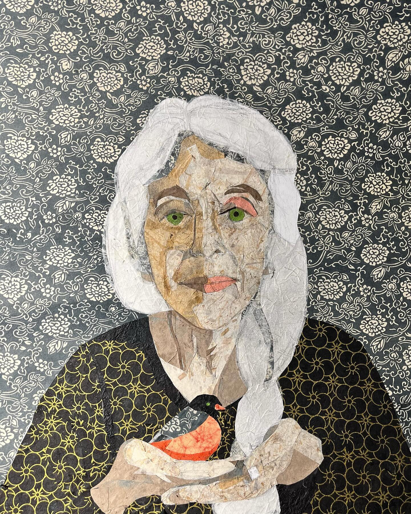 collage portrait of woman with green eyes and holding a bird with a red breast