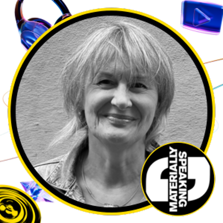 black and white photo of Sarah Monk on a British podcast awards logo and the materially speaking podcast logo