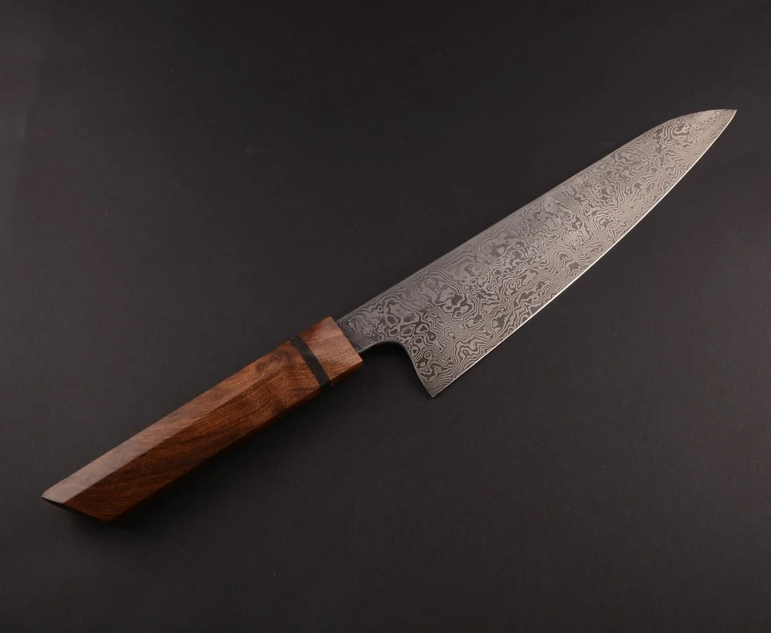 knife with wooden handle and wavy metal blade